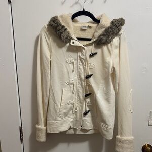 Women's Cream Toggle Coat with Faux Fur Trim